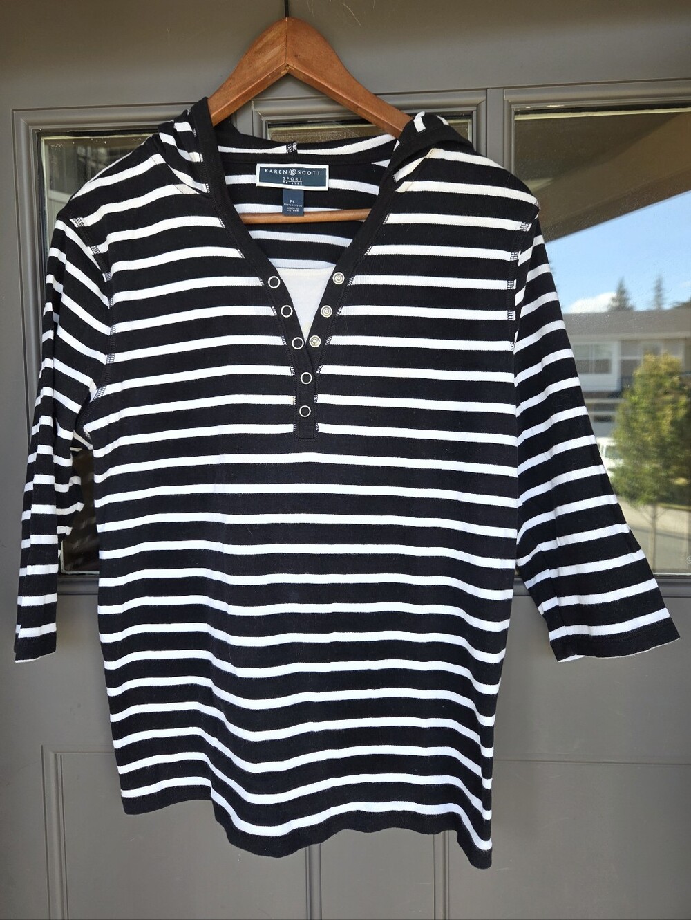 Karen Scott Sport Petites Black White Nautical Stripe Hoodie Henley Top Size PL